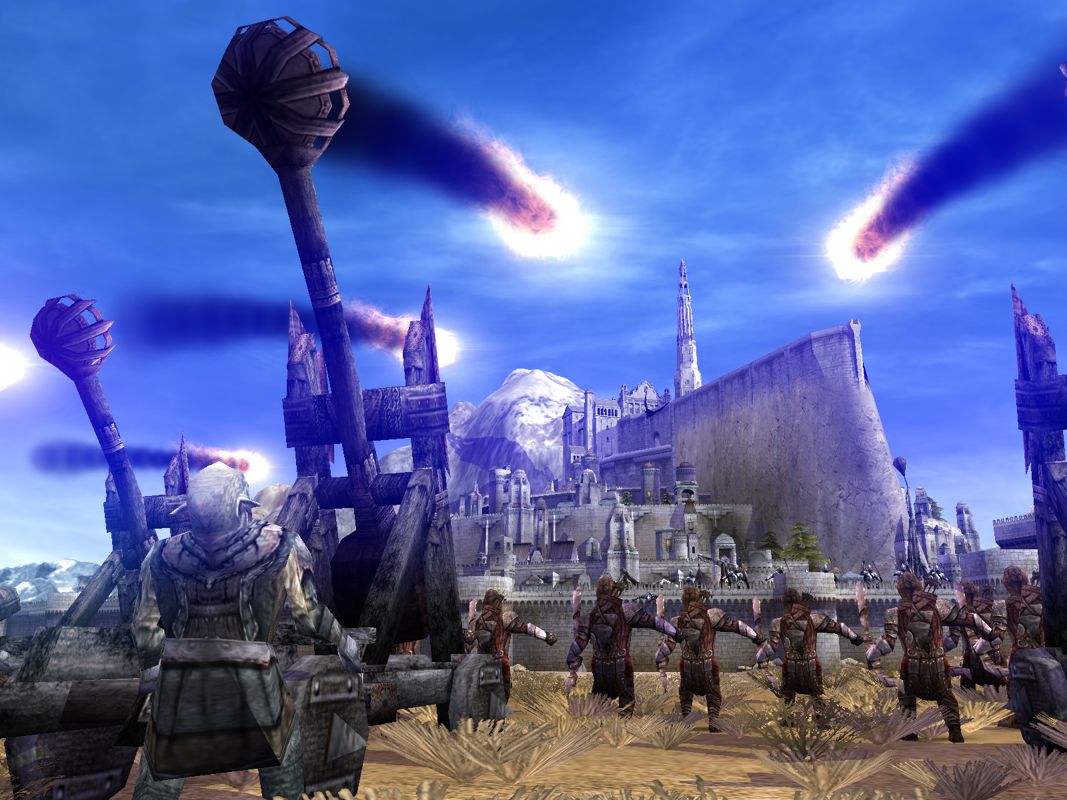 The Lord of the Rings: The Battle for Middle-earth Screenshot (EA Imagine 2004 EPK): Catapults firing (no logo)