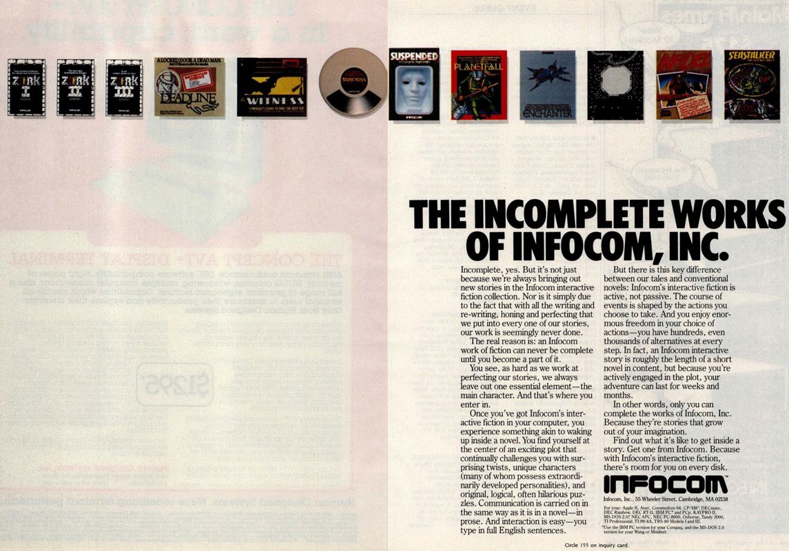 Zork II: The Wizard of Frobozz Magazine Advertisement (Magazine Advertisements): Byte Magazine (USA) Volume 9, No. 8 (August 1984). Courtesy of the Internet Archive. Pages 104-105