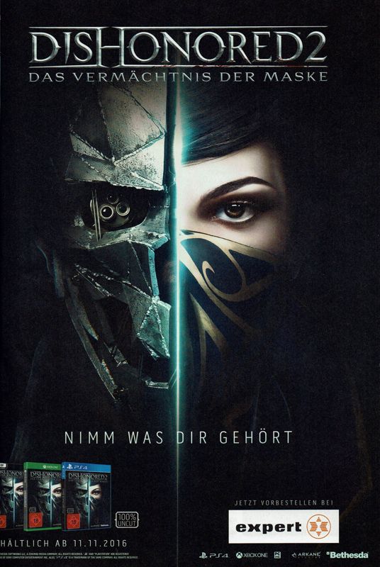 Dishonored 2 Magazine Advertisement (Magazine Advertisements): PC Games (Germany), Issue 11/2016