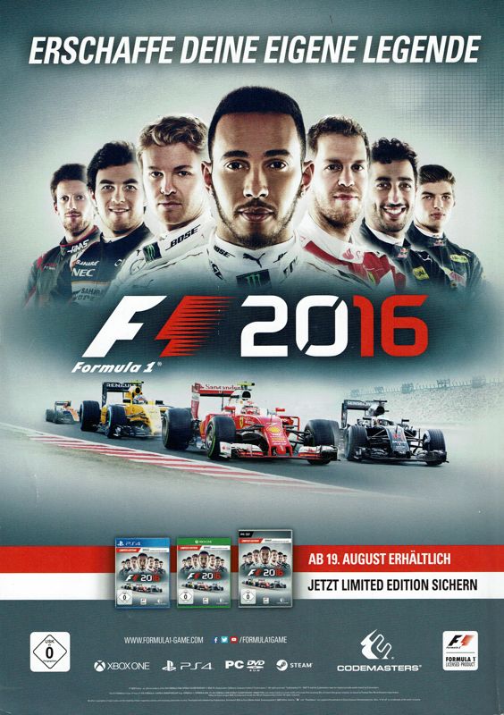 F1 2016 (Limited Edition) Magazine Advertisement (Magazine Advertisements): PC Games (Germany), Issue 08/2016