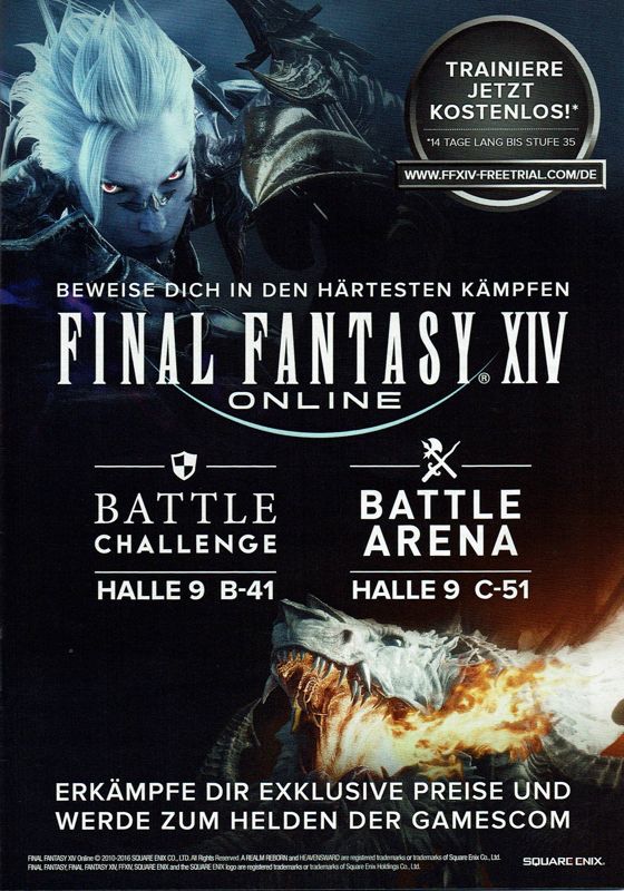 Final Fantasy XIV Online: A Realm Reborn Magazine Advertisement (Magazine Advertisements): PC Games (Germany), Issue 08/2016 GamesCom insert