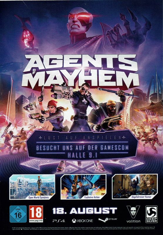 Agents of Mayhem Magazine Advertisement (Magazine Advertisements): PC Games (Germany), Issue 08/2017 GamesCom insert