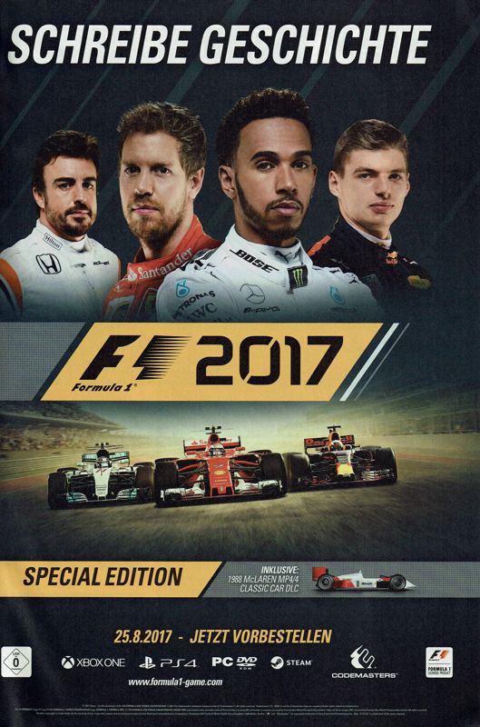 F1 2017 (Special Edition) Magazine Advertisement (Magazine Advertisements): PC Games (Germany), Issue 08/2017