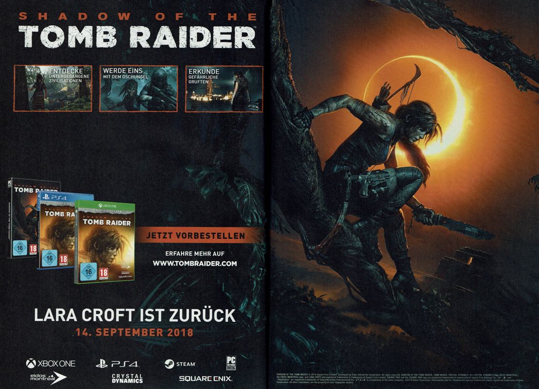 Shadow of the Tomb Raider Magazine Advertisement (Magazine Advertisements): PC Games (Germany), Issue 09/2018