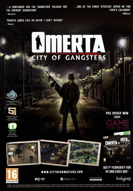 Omerta: City of Gangsters Magazine Advertisement (Magazine Advertisements): PC Gamer (UK), Issue 250 (March 2013)