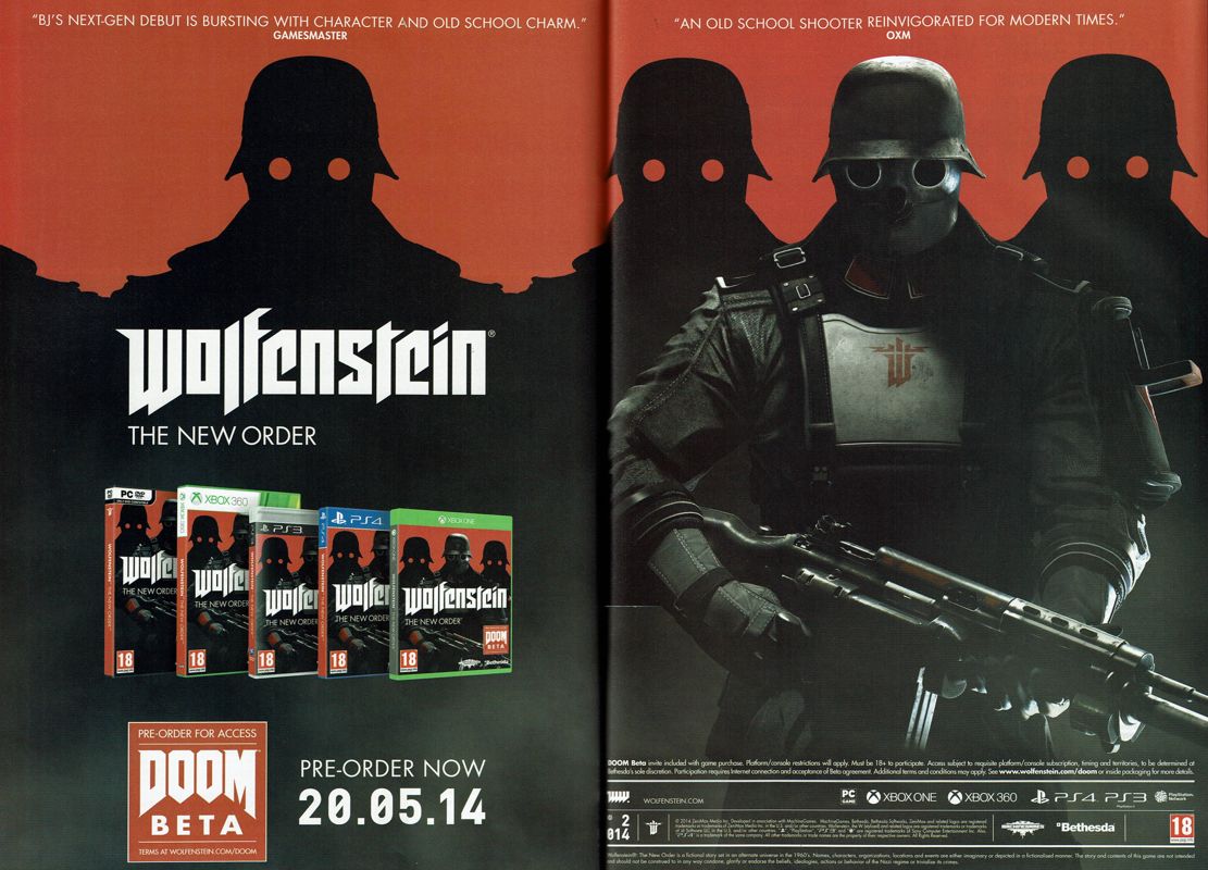 Wolfenstein: The New Order Magazine Advertisement (Magazine Advertisements): PC Gamer (UK), Issue 266 (May 2014)