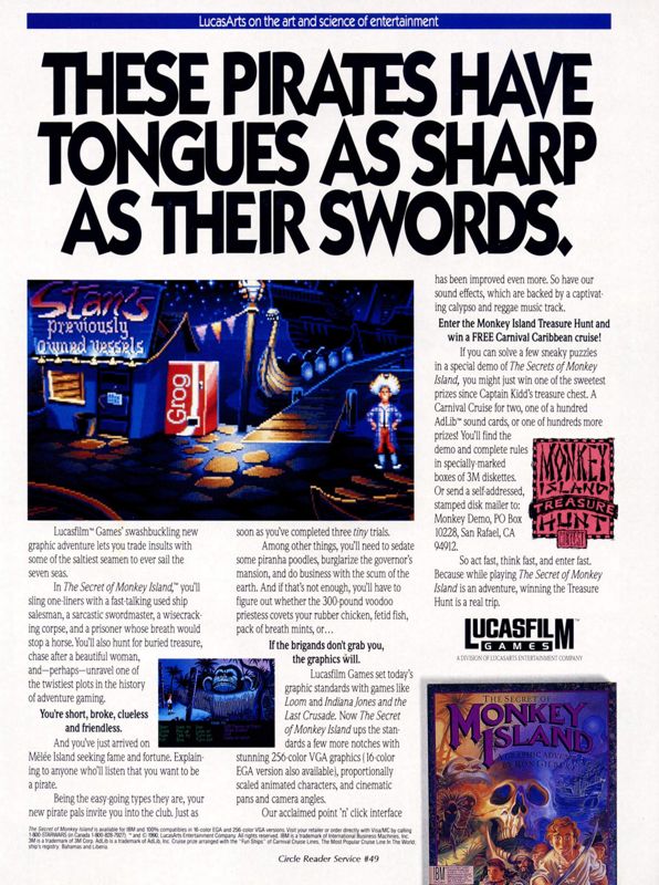 The Secret of Monkey Island Magazine Advertisement (Magazine Advertisements): Computer Gaming World (United States) Issue 76 (November 1990)
