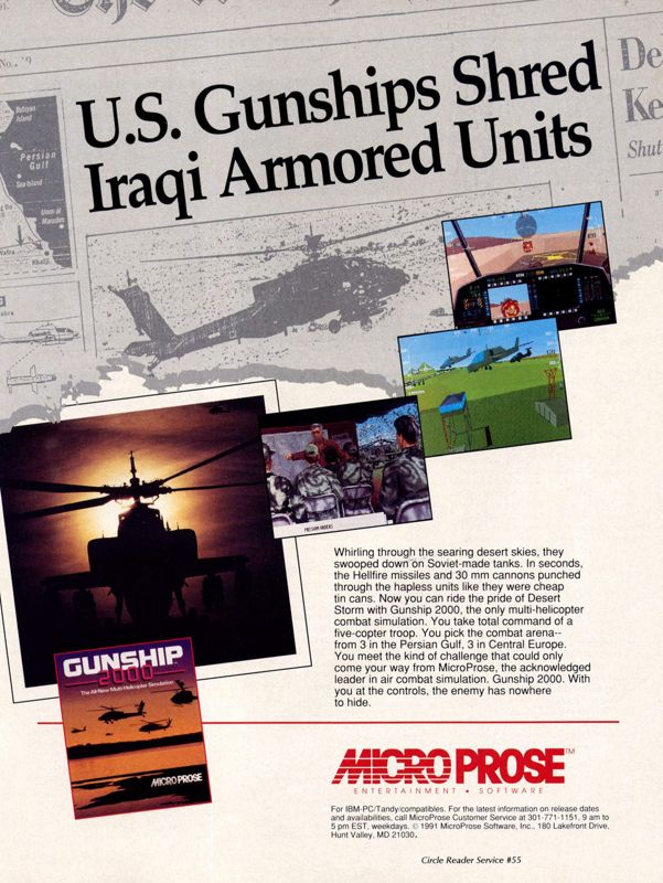 Gunship 2000 Magazine Advertisement (Magazine Advertisements): Computer Gaming World (United States) Issue 94 (May 1992)