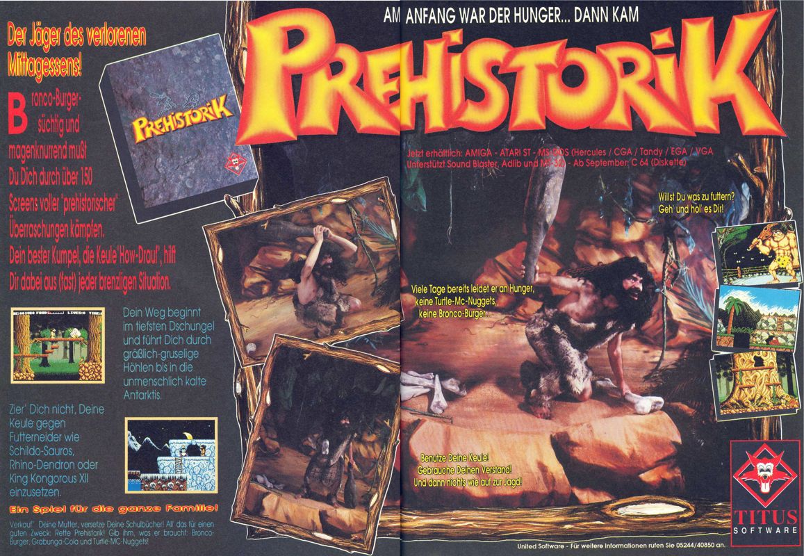 Prehistorik Magazine Advertisement (Magazine Advertisements): ASM (Germany), Issue 07/1991