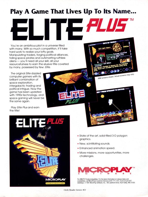 Elite Plus Magazine Advertisement (Magazine Advertisements): Computer Gaming World (United States) Issue 87 (October 1991)