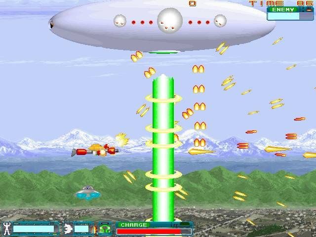 Supercharged Robot Vulkaiser Screenshot (DLsite): 70年代UFOブームに便乗して、葉巻型母船が飛来。 バルカイザーの装甲はビームの直撃にも耐える！