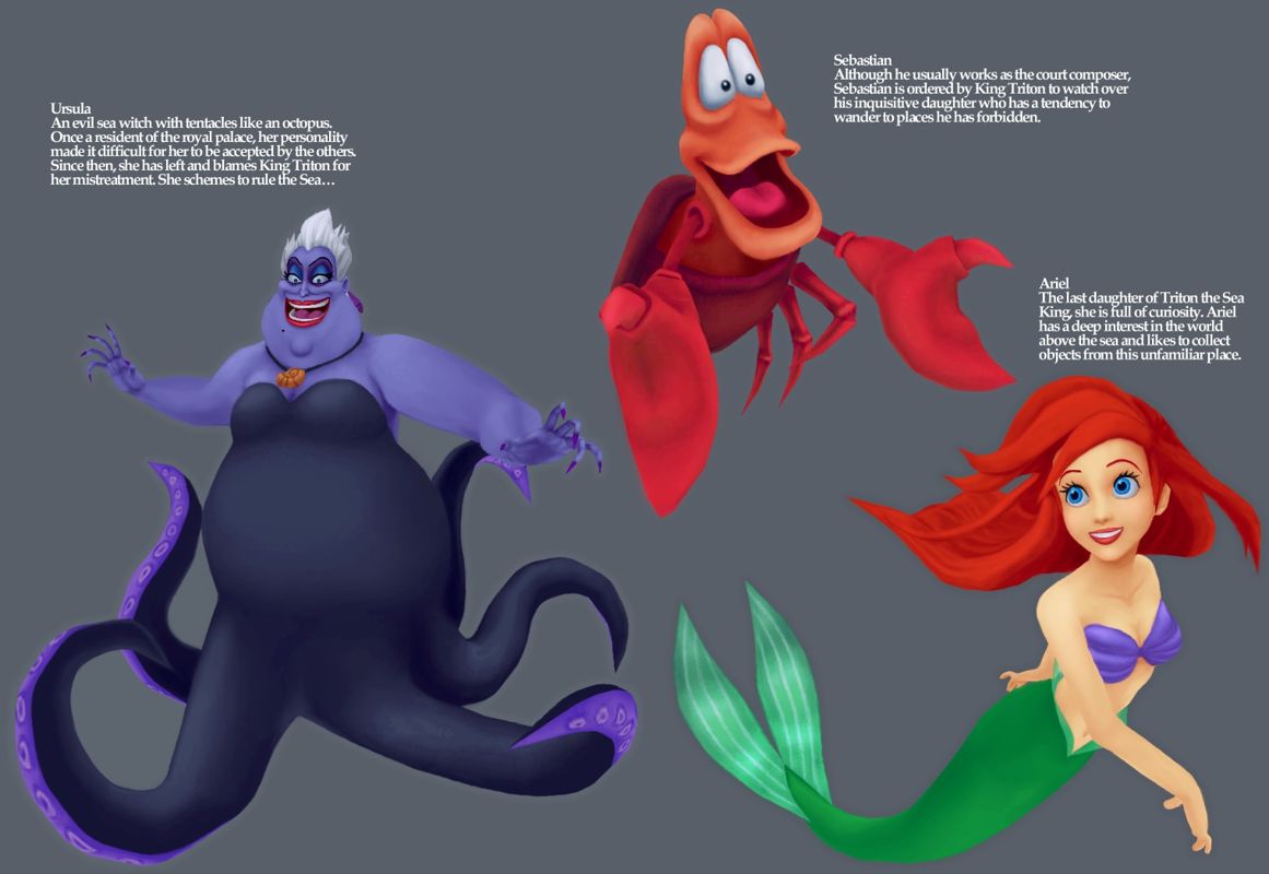 Kingdom Hearts Concept Art (Official Press Kit - Game World - Atlantica): Ursula, Sebastian, Ariel profile