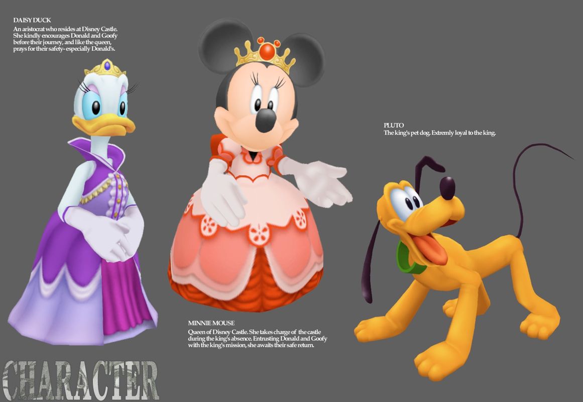Kingdom Hearts Concept Art (Official Press Kit - Game World - Disney Castle): Daisy, Minnie, Pluto profile