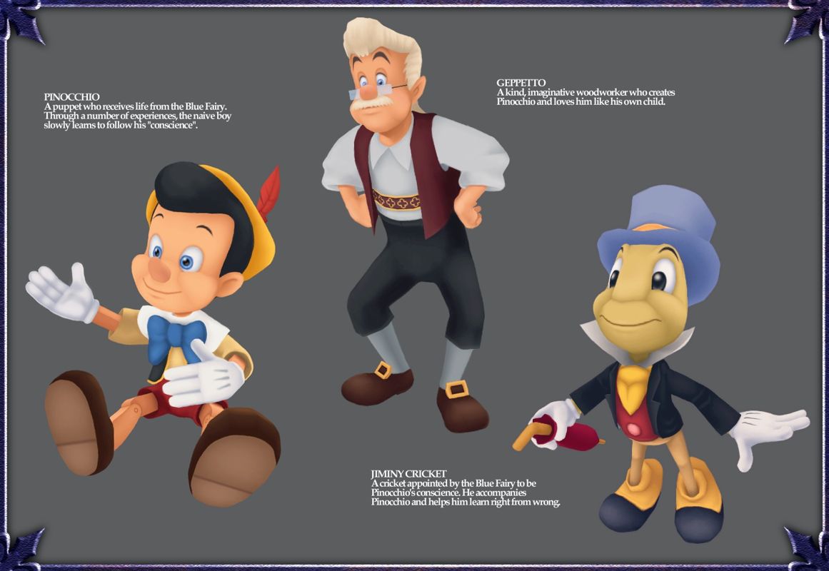 Kingdom Hearts Concept Art (Official Press Kit - Game World - Monstro): Pinnochi, Geppetto and Jiminy profile