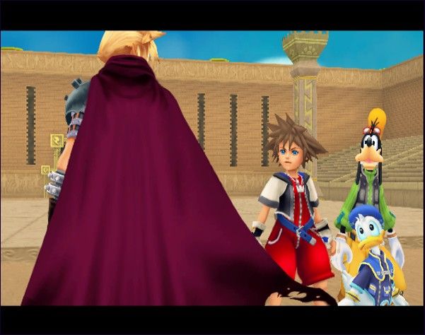 Kingdom Hearts Screenshot (Official Press Kit - Game World - Olympus Coliseum): Cloud, Sora, Goofy and Donald