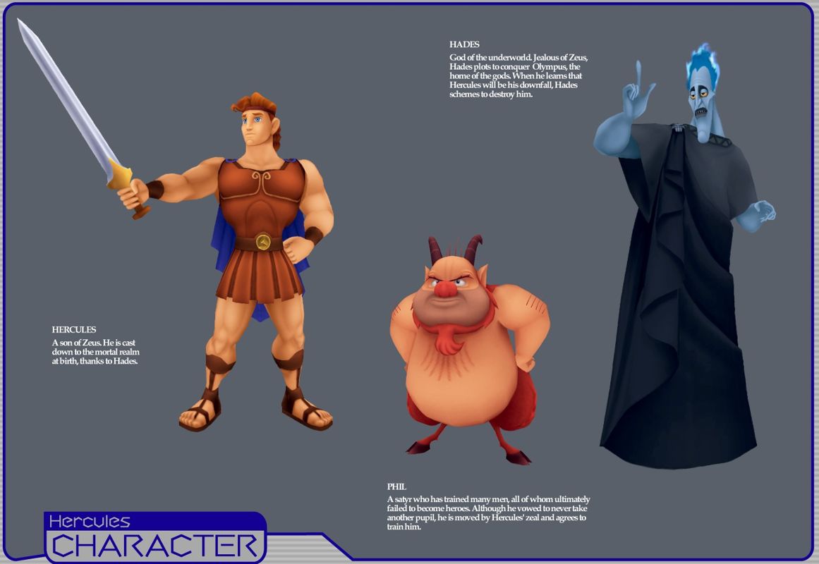 Kingdom Hearts Concept Art (Official Press Kit - Game World - Olympus Coliseum): Hercules, Phil and Hades profile
