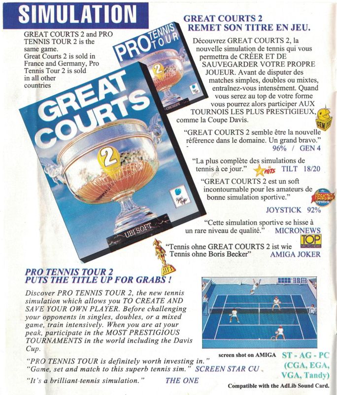 Jimmy Connors Pro Tennis Tour Magazine Advertisement (Magazine Advertisements): From french Ubi Soft Catalogue. Spring 1991 (Page 1).