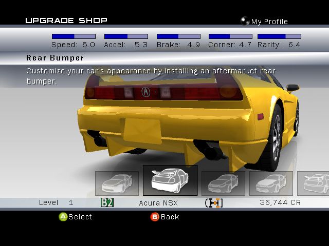 Forza Motorsport Screenshot (Forza Assets Disc): Example of Car Customization Process (Acura NSX) Step 2 - Body Upgrades: Rear Bumper