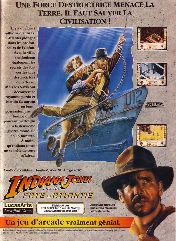 Indiana Jones and the Fate of Atlantis: The Action Game Magazine Advertisement (Magazine Advertisements): Tilt (France), issue 102, May 1992, p. 43