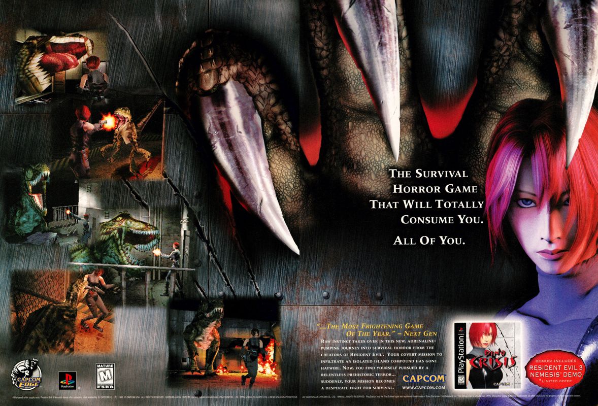 Dino Crisis Magazine Advertisement (Magazine Advertisements): Official U.S. PlayStation Magazine (United States), Volume 3, Issue 1 (October 1999) pp. 118-119
