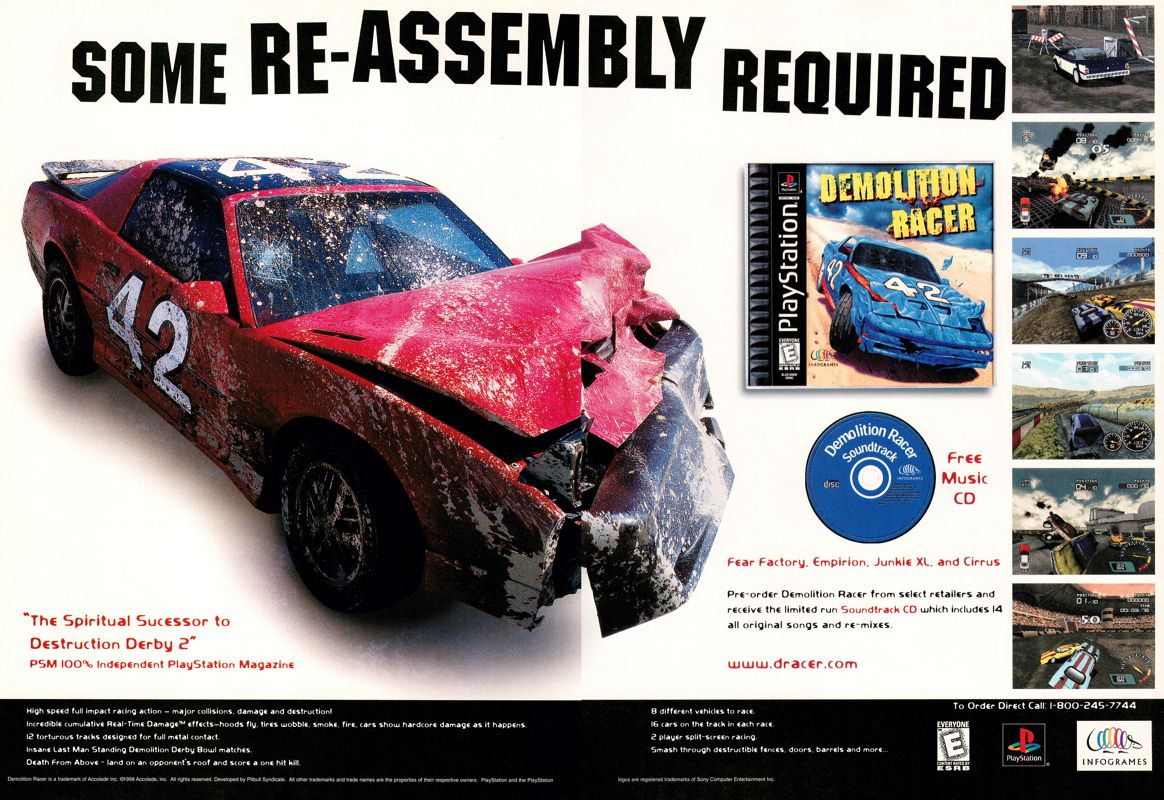 Demolition Racer Magazine Advertisement (Magazine Advertisements): Official U.S. PlayStation Magazine (United States), Volume 3, Issue 1 (October 1999) pp. 96-97