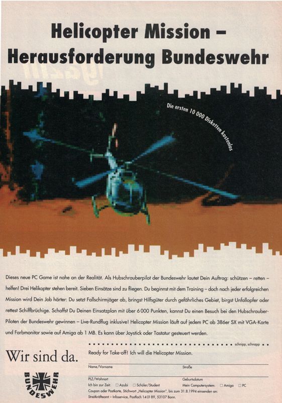 Helicopter Mission Magazine Advertisement (Magazine Advertisements): Amiga Magazin (Germany), unknown Issue