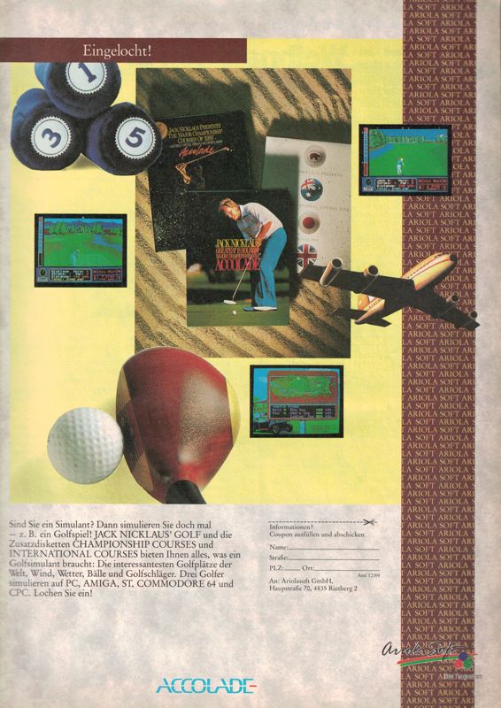 Jack Nicklaus' Greatest 18 Holes of Major Championship Golf Magazine Advertisement (Magazine Advertisements): Amiga Magazin (Germany), Issue 12/1990