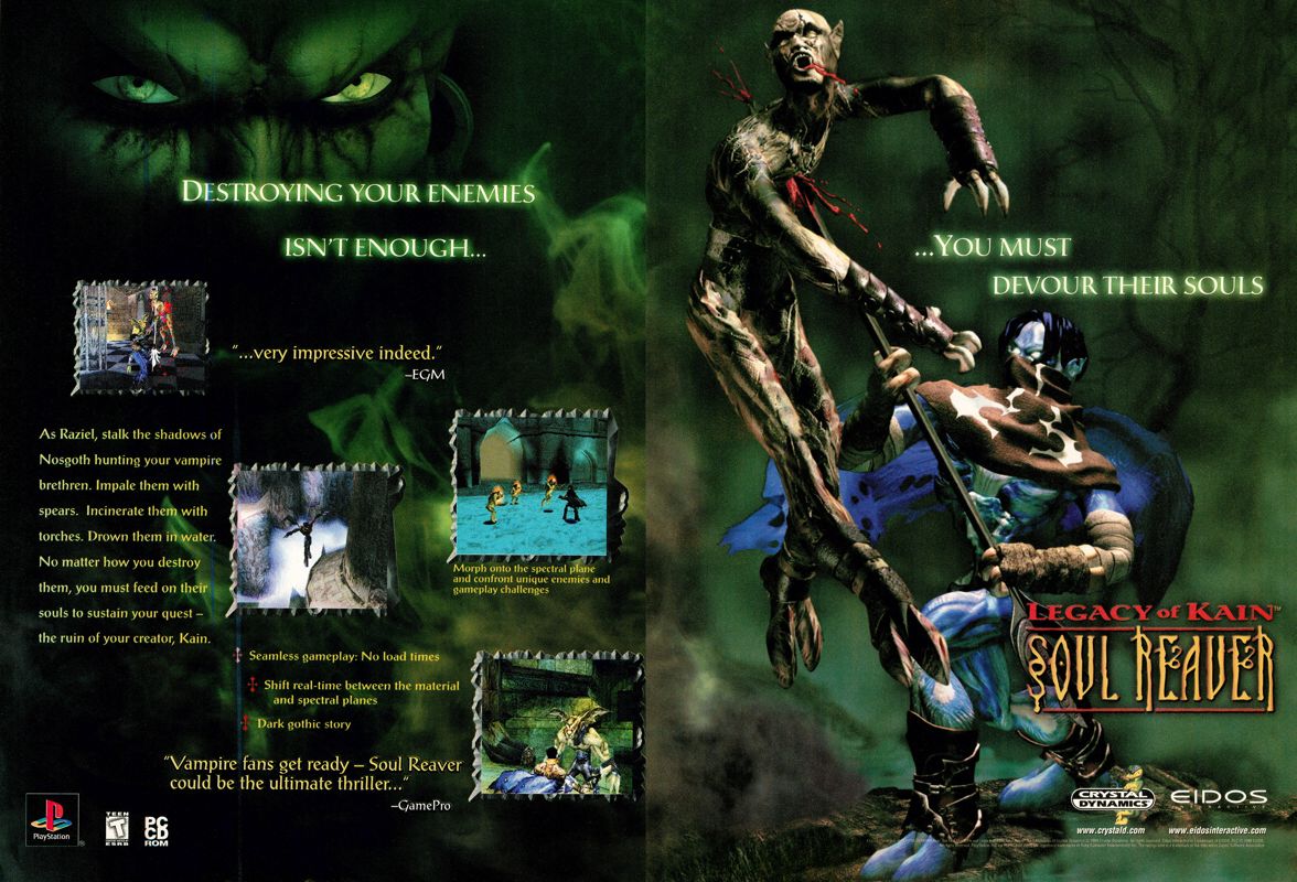 Legacy of Kain: Soul Reaver Magazine Advertisement (Magazine Advertisements): Official U.S. PlayStation Magazine (United States), Volume 3, Issue 1 (October 1999) pp. 86-87