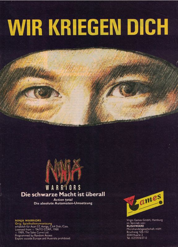 The Ninja Warriors Magazine Advertisement (Magazine Advertisements): Amiga Magazin (Germany), Issue 1/1990
