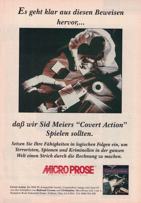 Sid Meier's Covert Action Magazine Advertisement (Magazine Advertisements): Amiga Magazin (Germany), Issue 5/1992