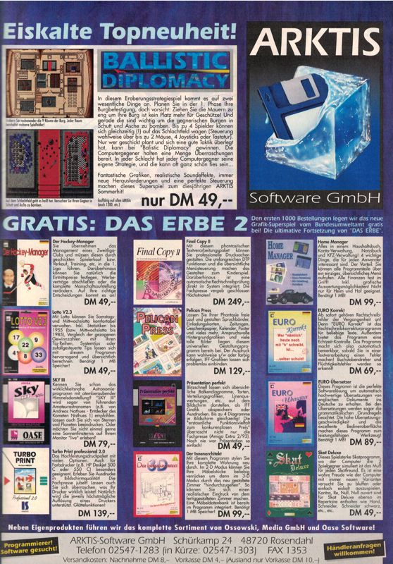 Ballistic Diplomacy Magazine Advertisement (Magazine Advertisements): Amiga Magazin (Germany), Issue 7/1993