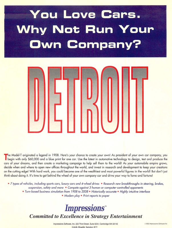Detroit Magazine Advertisement (Magazine Advertisements): Computer Gaming World (US), Number 112 (November 1993)