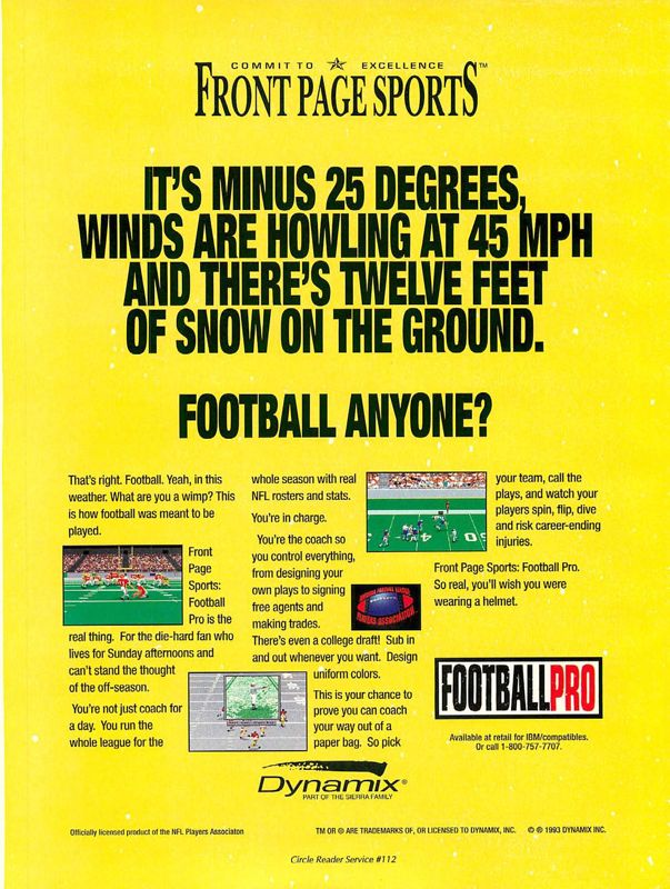 Front Page Sports: Football Pro Magazine Advertisement (Magazine Advertisements): Computer Gaming World (US), Number 112 (November 1993)