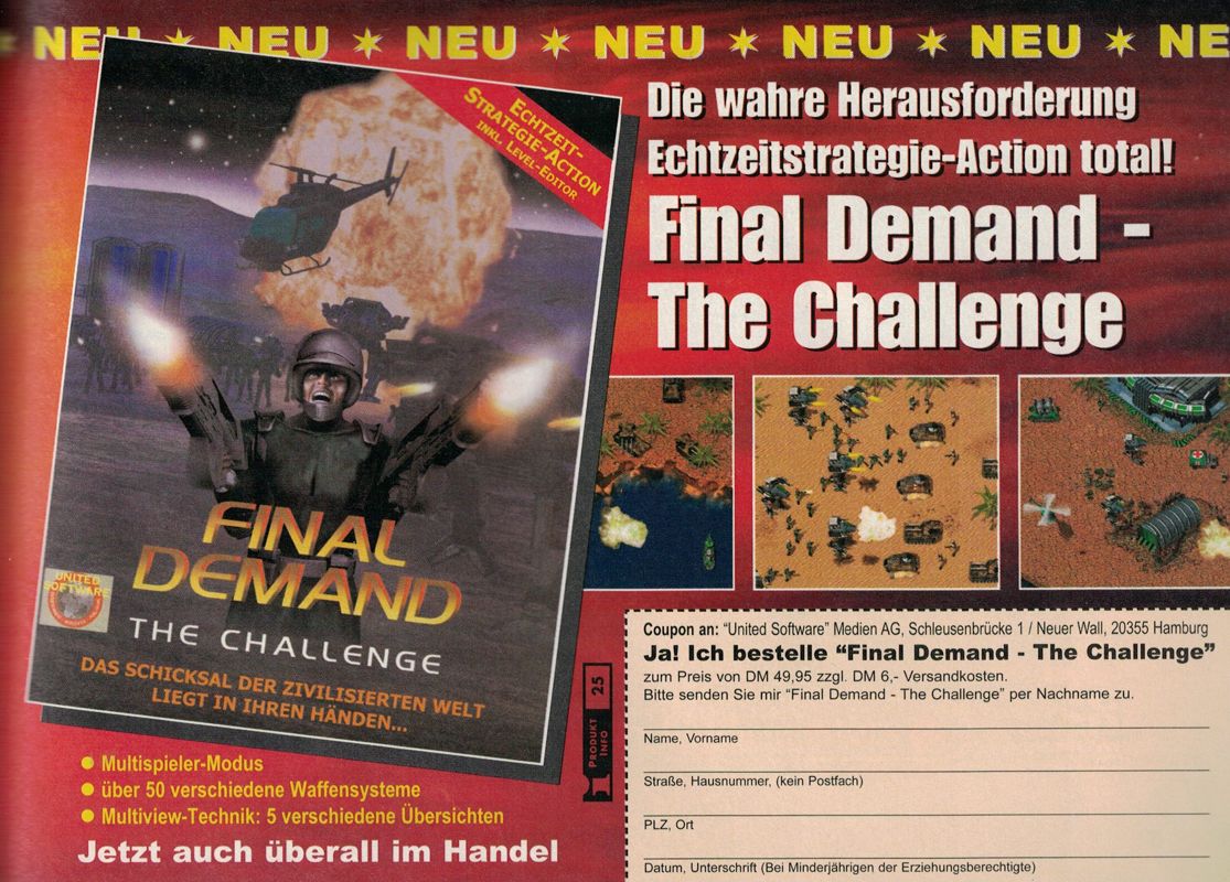 Final Demand: The Challenge Magazine Advertisement (Magazine Advertisements): Gamestar (Germany), Issue 7/1999