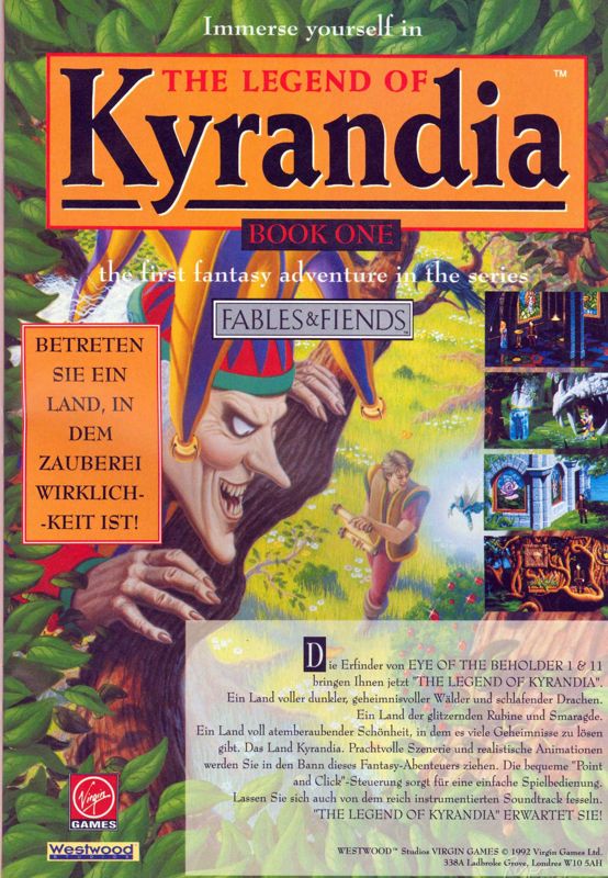 Fables & Fiends: The Legend of Kyrandia - Book One Magazine Advertisement (Magazine Advertisements): ASM (Germany), Issue 11/1992