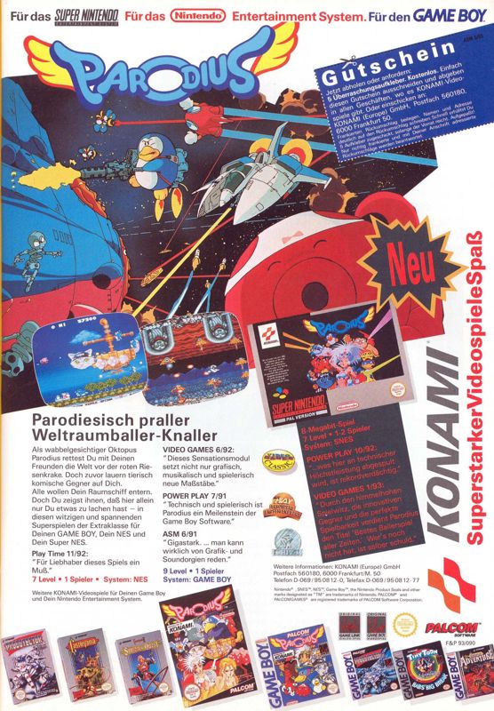 Parodius Magazine Advertisement (Magazine Advertisements): ASM (Germany), Issue 05/1993