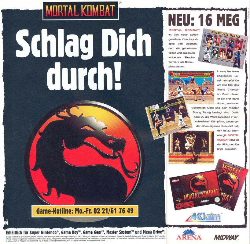 Mortal Kombat Magazine Advertisement (Magazine Advertisements): ASM (Germany), Issue 10/1993