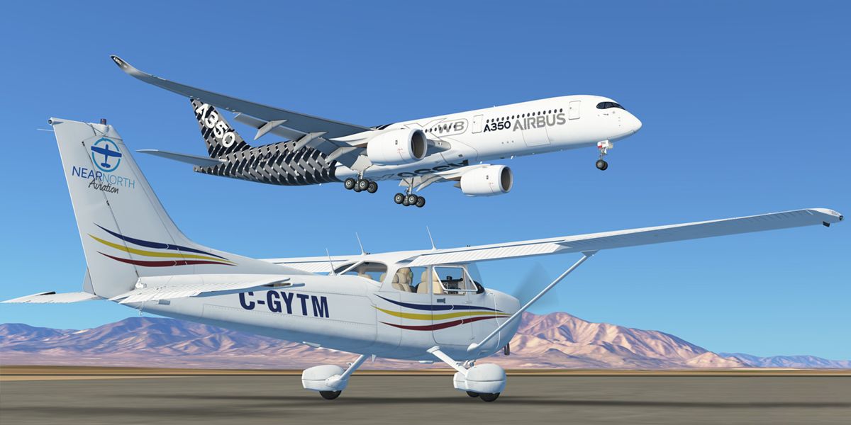 Infinite Flight Screenshot (Official Infinite Flight Blog): C172 holding short for a carbon livery A359 in Infinite Flight