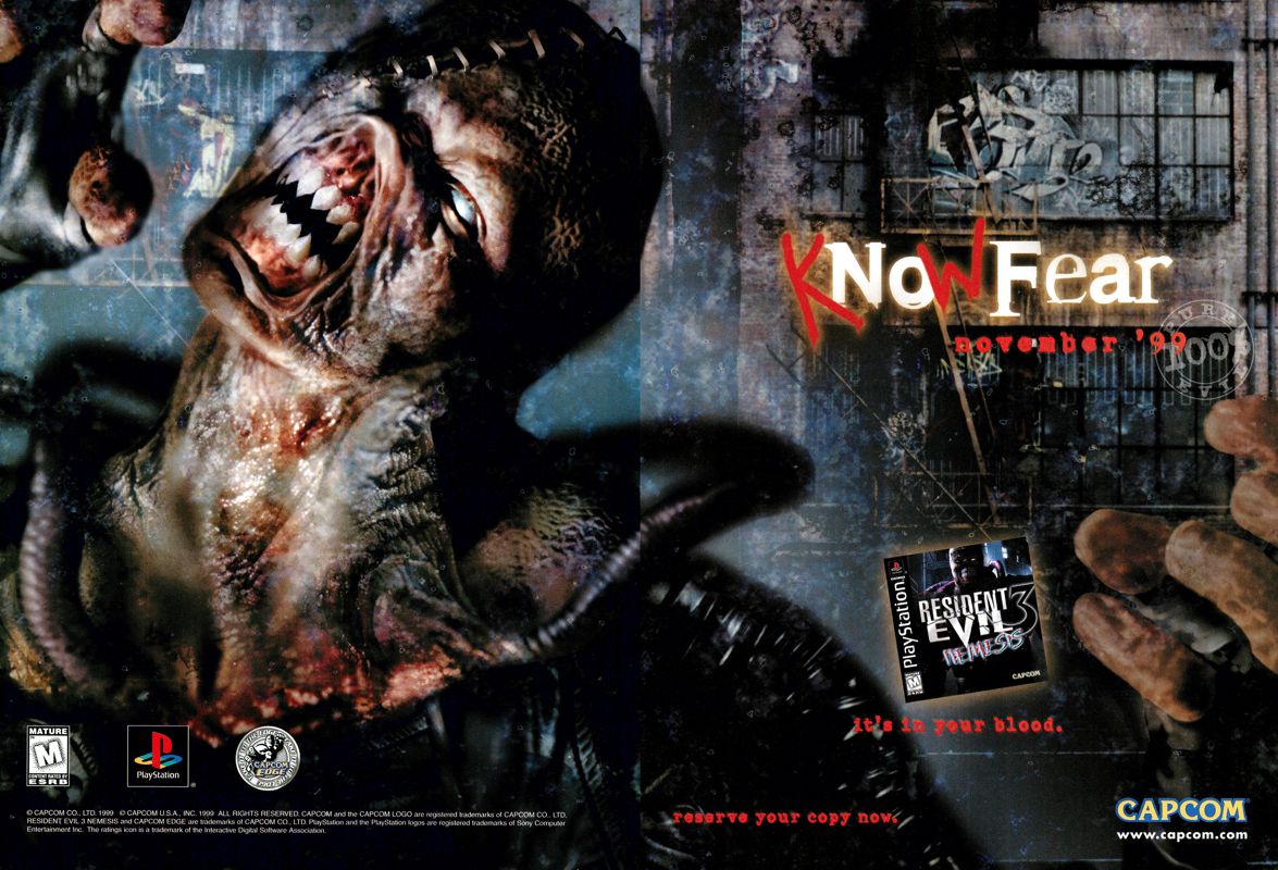 Resident Evil 3: Nemesis Magazine Advertisement (Magazine Advertisements): Official U.S. PlayStation Magazine (United States), Volume 3, Issue 1 (October 1999) pp. 46-47
