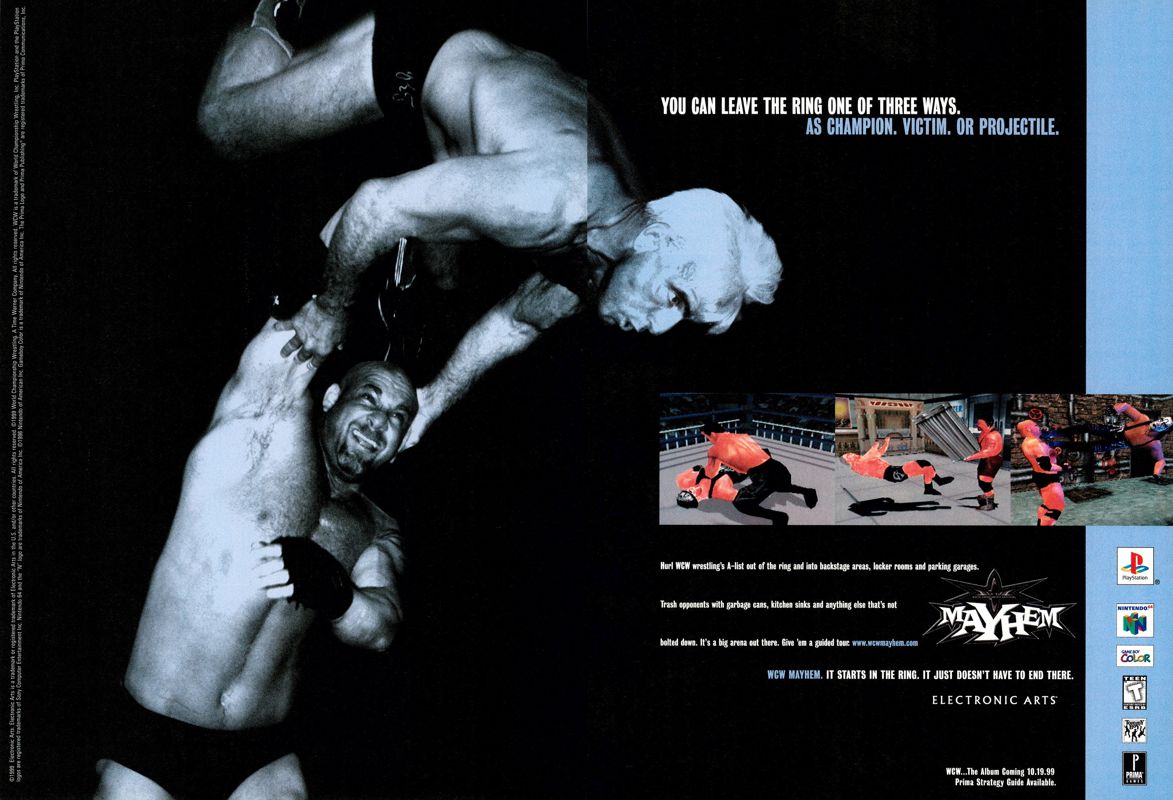 WCW Mayhem Magazine Advertisement (Magazine Advertisements): Official U.S. PlayStation Magazine (United States), Volume 3, Issue 1 (October 1999) pp. 18-19