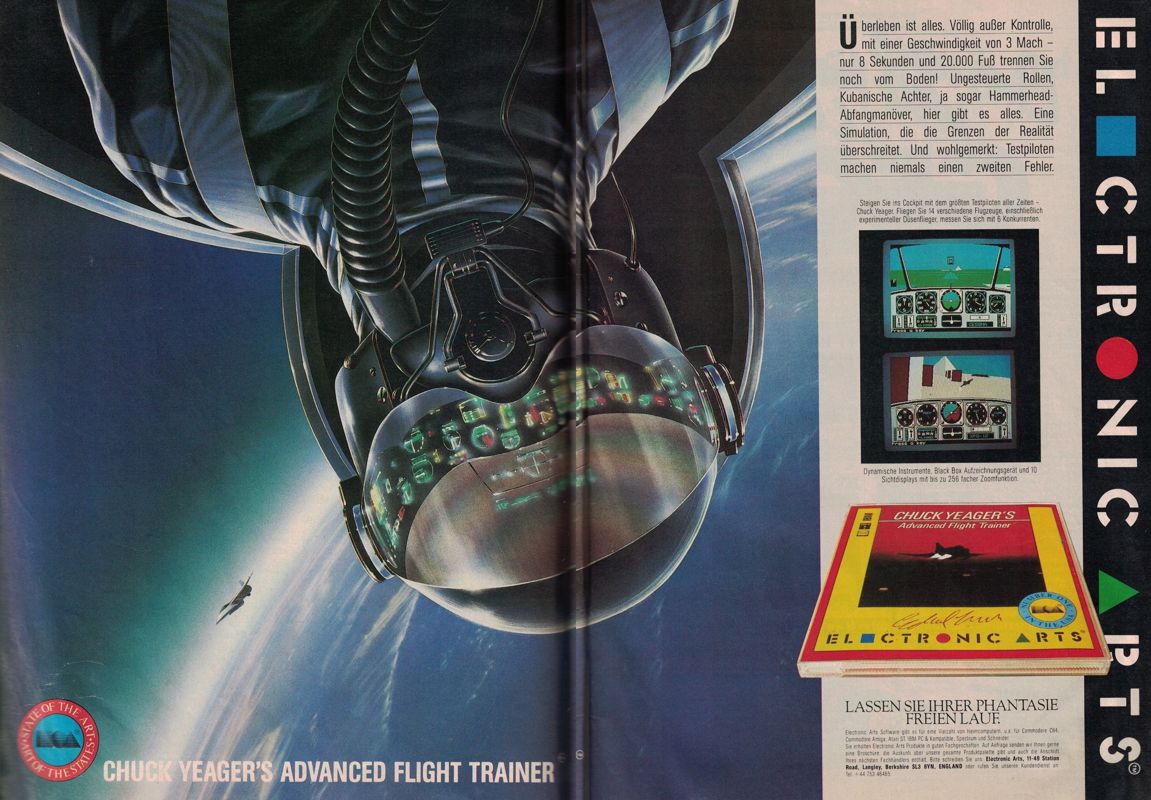 Chuck Yeager's Advanced Flight Simulator Magazine Advertisement (Magazine Advertisements): 64'er (Germany), Issue 12/87