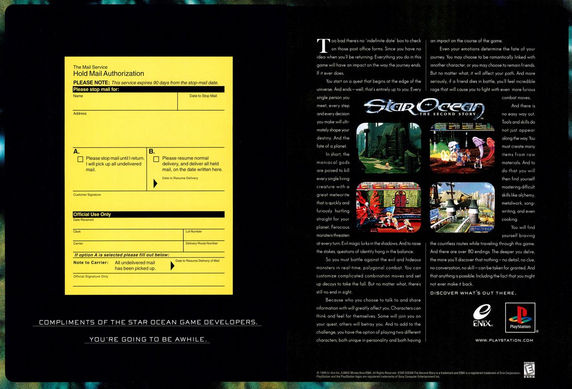 Star Ocean: The Second Story Magazine Advertisement (Magazine Advertisements): Official U.S. PlayStation Magazine (United States), Volume 3, Issue 1 (October 1999) pp. 60-61