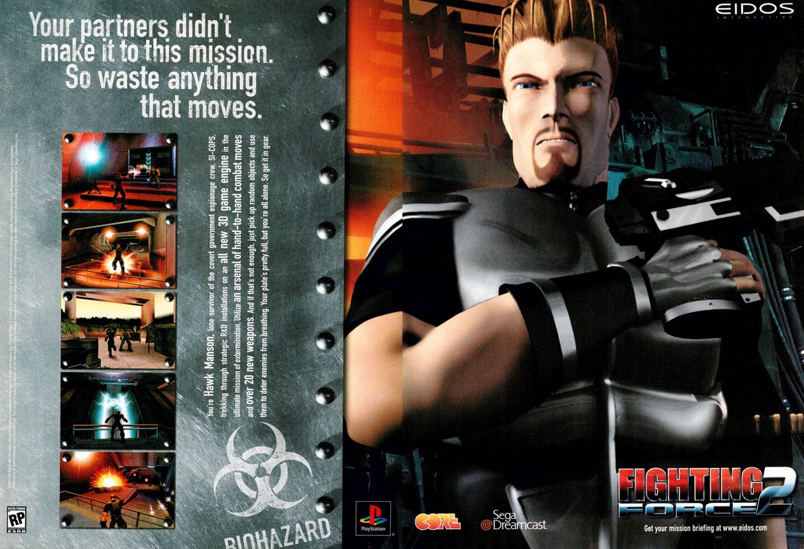 Fighting Force 2 Magazine Advertisement (Magazine Advertisements): Official U.S. PlayStation Magazine (United States), Volume 3, Issue 1 (October 1999) pp. 12-13