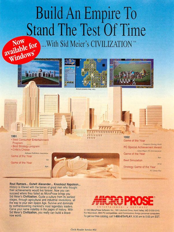 Sid Meier's Civilization Magazine Advertisement (Magazine Advertisements): Computer Gaming World (US), Number 114 (January 1994)