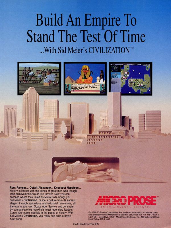 Sid Meier's Civilization Magazine Advertisement (Magazine Advertisements): Computer Gaming World (United States) Issue 87 (October 1991)