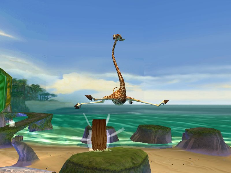 Madagascar Screenshot (Madagascar Press Kit): Melman's helicopter spin on the beach (PC)