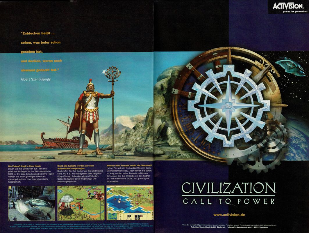 Civilization: Call to Power Magazine Advertisement (Magazine Advertisements): PC Player (Germany), Issue 11/1998