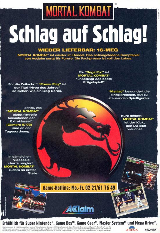 Mortal Kombat Magazine Advertisement (Magazine Advertisements): ASM (Germany), Issue 01/1994