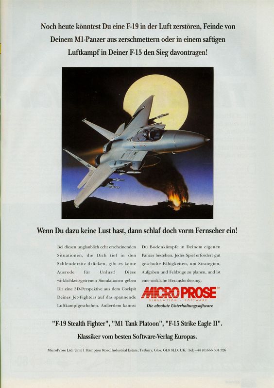 F-15 Strike Eagle II Magazine Advertisement (Magazine Advertisements): Play Time (Germany), Issue 10/1992