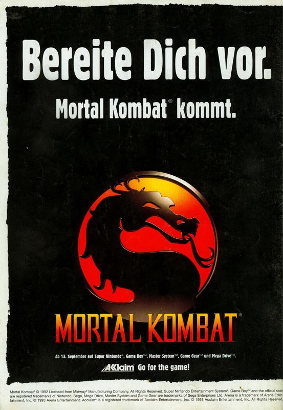 Mortal Kombat Magazine Advertisement (Magazine Advertisements): Play Time (Germany), Issue 09/1993